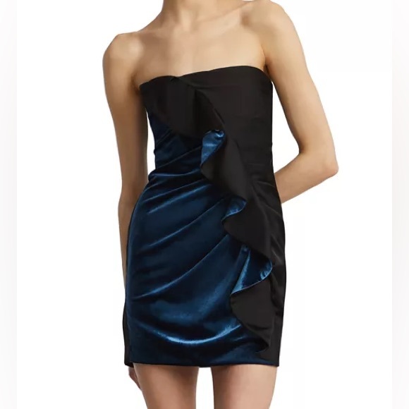 BCBGMaxAzria Dresses & Skirts - $298 NWOT BCBGMaxAzria Strapless Velvet Satin Ruffle Dress in Black Sky Sz 4